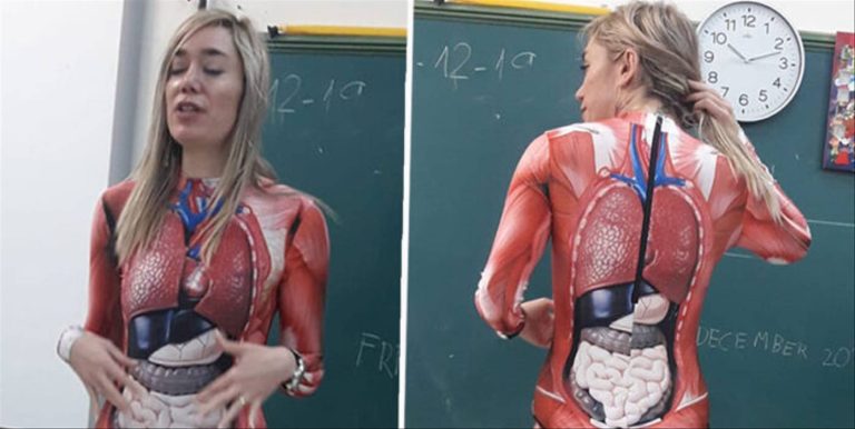 Teacher Gives Anatomy Lesson Using Full-Body Suit With Detailed Human Body Mapping